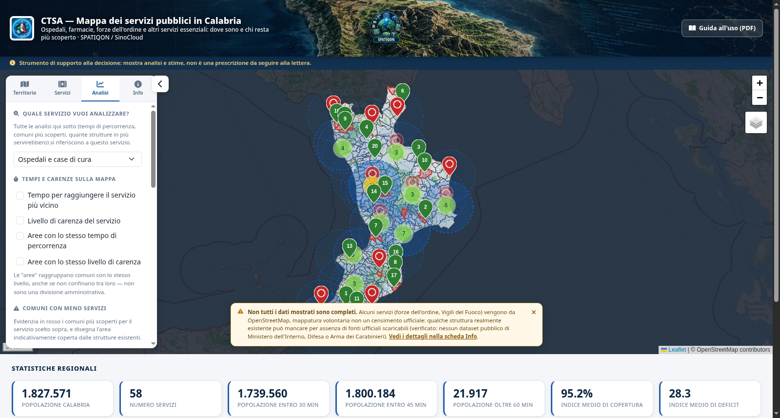 CTSA: comuni meno serviti evidenziati in rosso, con buffer di copertura indicativo