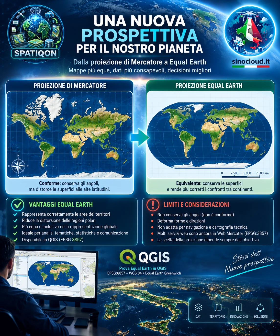 Confronto tra proiezione di Mercatore e proiezione Equal Earth - infografica SPATIQON SinoCloud