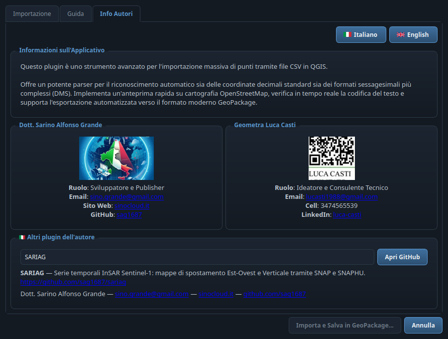 Scheda Info Autori di GeoCSV Mapper, bilingue IT/EN, con menù a tendina degli altri plugin