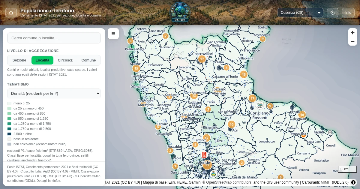 WebGIS Calabria II: mappa della provincia di Cosenza con livelli territoriali e tematismi