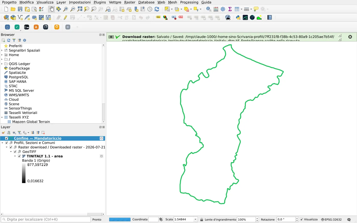 DTM TINITALY 1.1 scaricato e ritagliato sul confine del comune di Mandatoriccio in QGIS