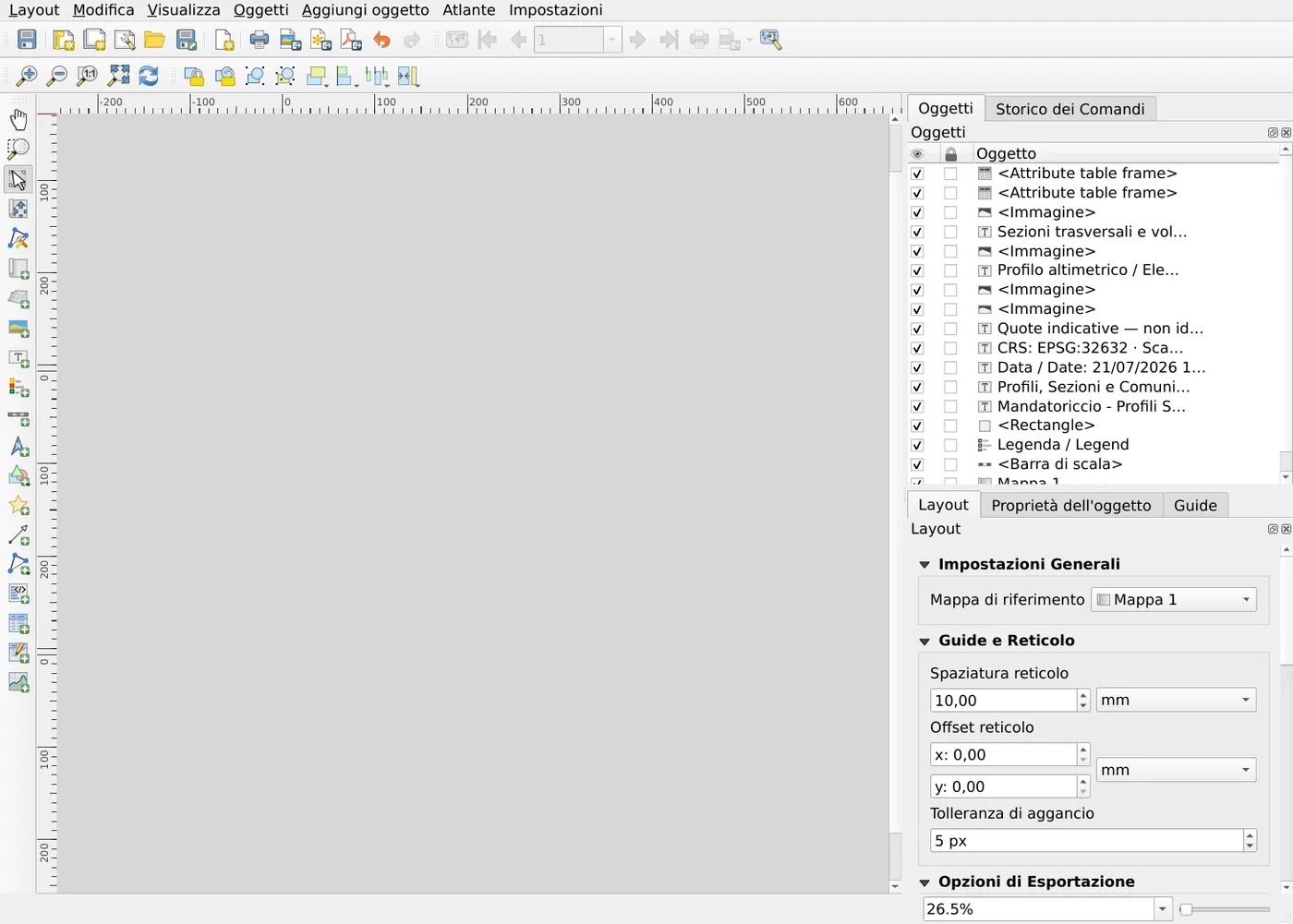 Layout di stampa QGIS generato dal plugin con mappa, legenda, grafici e tabelle